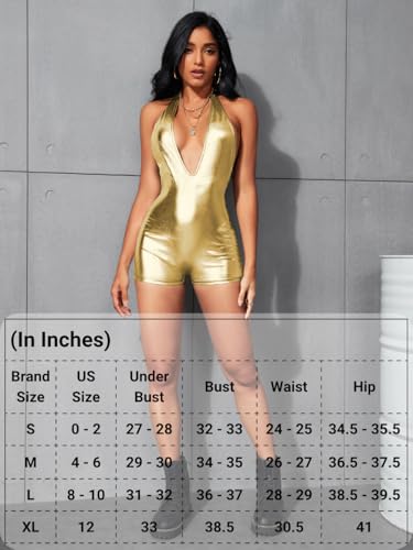 Image of EHSUYAB Sexy Metallic Bodycon Romper, Tie Halter, One Piece Backless Club Outfit