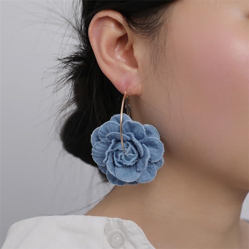 Big Denim Camellia Flower Statement Hoop Earrings for Women Blue Blossom Golden Plated Large Huggie Dangle Drop Earring Fashion Jewelry Gifts Birthday3
