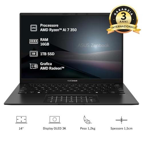 Zenbook 14 UM3406KA#B0F13WM6JB, Notebook con Monitor da 14" Glossy OLED, 120Hz, AMD Ryzen™ AI 7 350, RAM 16GB, 1TB SSD, Windows 11 Home, Nero - Notebook - Immagine 1