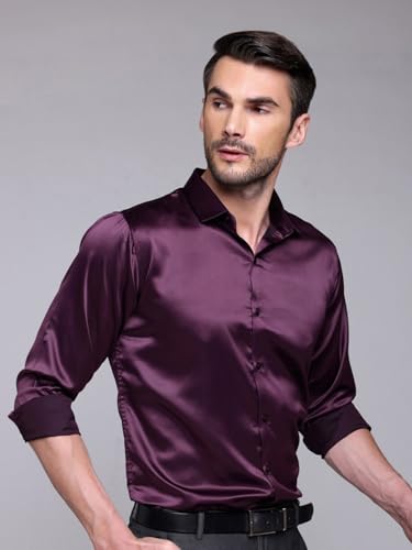 Image of IndoPrimo Men's Satin Shirt with Spread Collar Neck Line Solid Pattern Full Sleeves Regular Fit Western Style and Standard Length