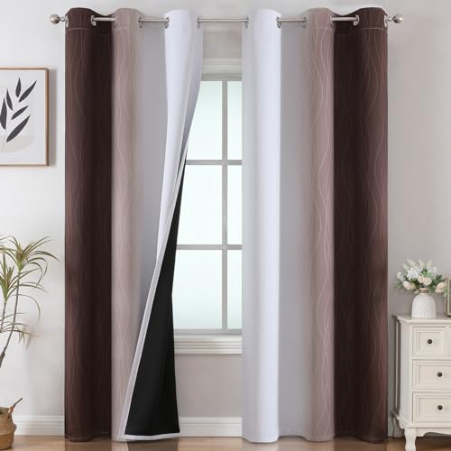 Estelar Textiler Brown and Greyish White Ombre Blackout Curtains for Bedroom, Thermal Insulated Gradient Blackout Drapes, Full Room Darkening Energy Saving Curtains for Living Room, 42Wx84L, 2 Panels