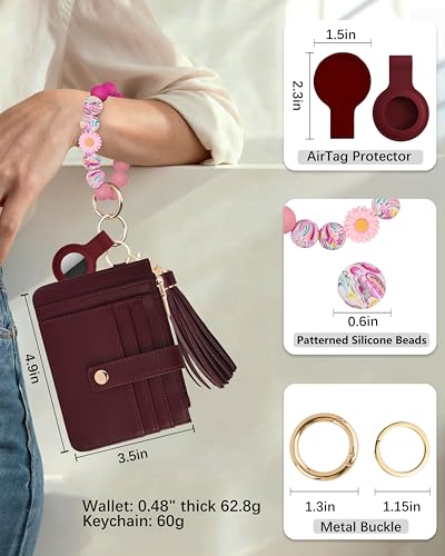 Image of Wristlet Wallet for Women, Keychain Wallet with AirTag Holder | 9 card slots,ID window & zipper pocket,RFID,beaded wrist strap and compact design for travel,shopping and daily carry.