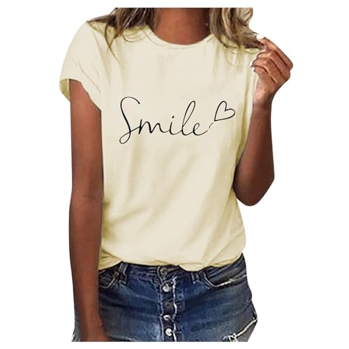 T-Shirt Damen Sommer Basic Tshirt Rundhals Kurzarm Oberteile Print Bluse Weiß Bedrucken Oberteile Basic Shirt Bequem Baumwolle Casual Tee Shirts Locker Hemd Bunte Drucken Tops Sportshirt