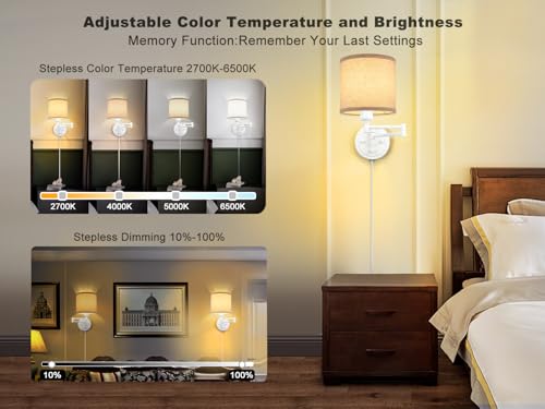 Image of GOODATE Plug in Wall Sconces with Remote Control, Dimming, Adjustable Colors 2700K-6500K, Hardwire or Plug-in, Swing Arm Wall Lamp with Linen Fabric Shade, Wall Sconces Set of Two, White Finish