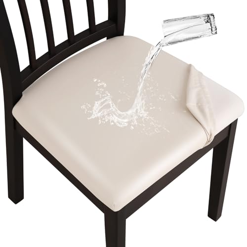Image of YISUN Waterproof Chair Seat Covers Set of 4, Pu Leather Dining Room Chair Covers, Stretch Chair Cover for Dining Room Chair Protector Slipcover for Kitchen, Hotel (4, Pu Pale Beige)
