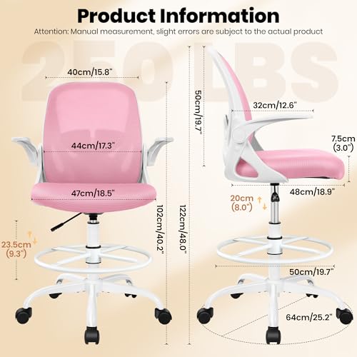 Image of Primy Drafting Chair Tall Office Chair with Flip-up Armrests Executive Ergonomic Computer Standing Desk Chair with Lumbar Support and Adjustable Footrest Ring (Pink)