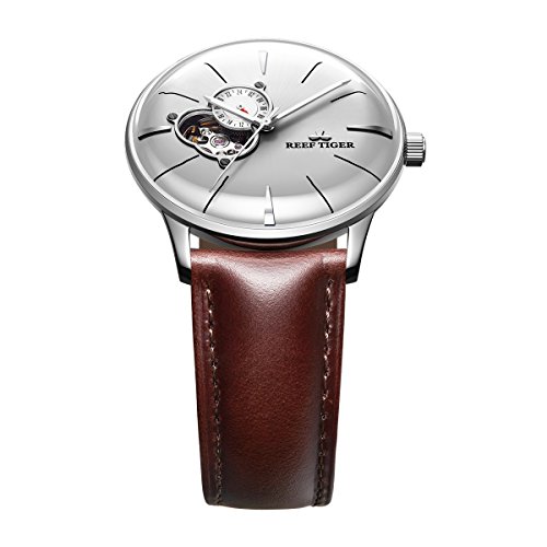 REEF TIGER Mens Casual Watches Convex Lens Tourbillon Watch Leather Strap Steel Watches RGA8239