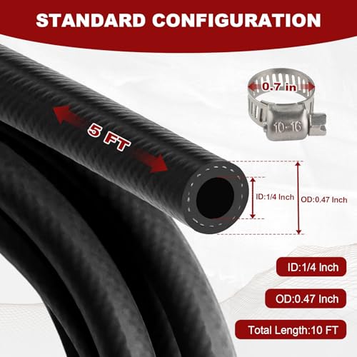 Image of Eunice 5FT 1 /4 inch ID Fuel Line Hose - 6Pcs Hose Clamps, 300PSI Rubber Hose for Motorcycle Mowers Tractors and Small Engines