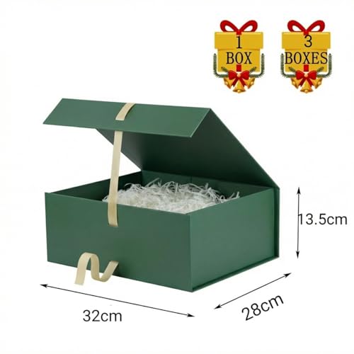 Grün Magnetische Geschenkbox mit Deckel groß 32x28x13.5cm mit Geschenkbeutel, Schleife, Raffia & Grußkarte