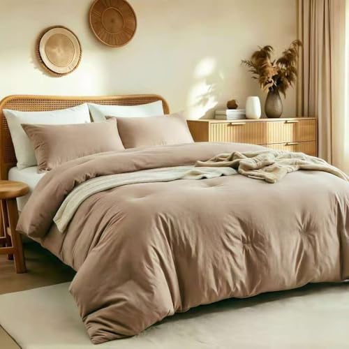 Image of Quataly California King Comforter Set Prewashed Lightweight Quilted Bedding | 3PCS Taupe Brown Breathable Down Alternative Bedding Set with 1 Solid Comforter (104 inchx96 inch) and 2 Soft Pillowcases