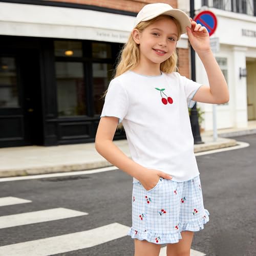 Image of Yoxindax Tween Girls Summer 2-Piece Outfit Set - Crew Neck Short Sleeve T-Cherry Print Shorts 7-14Y Summer Clothes