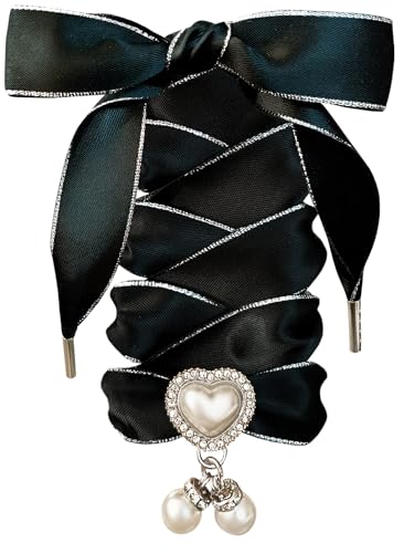 TOPPING STYLE Fashionable Satin Ribbon Shoe Laces with Bling Pearl Charms for Girls & Women (02 Satin Black- Silver, 47inch (120cm))