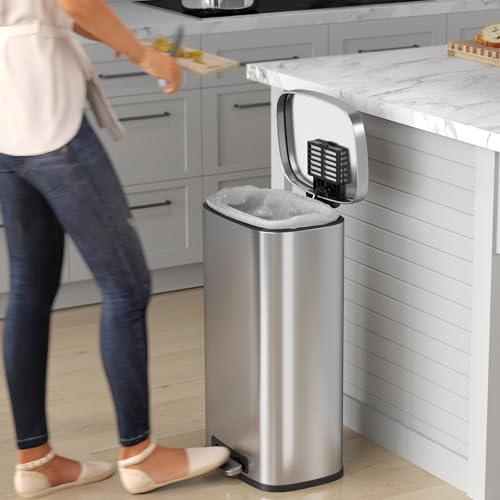 Image of iTouchless SoftStep 8 Gallon Step Pedal Trash Can with AbsorbX Activated Carbon Filter, Stainless Steel, 30 Liter Kitchen Garbage and Recycle Bin Perfect for Office, Home and Kitchen