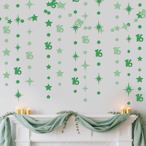Image of Green 16th Birthday Decorations Number 16 Circle Dot Star Garland Glitter Streamer Banner Backdrop for Girls Boys Sweet Sixteen Cheers to 16 Years Old Birthday 16th Anniversary Party Supplies