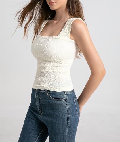 Women's Square Neck Wide Strap Crop Tank Tops Flower Going Out Tops Slim Fit Lettuce Trim Crop Cami Tops