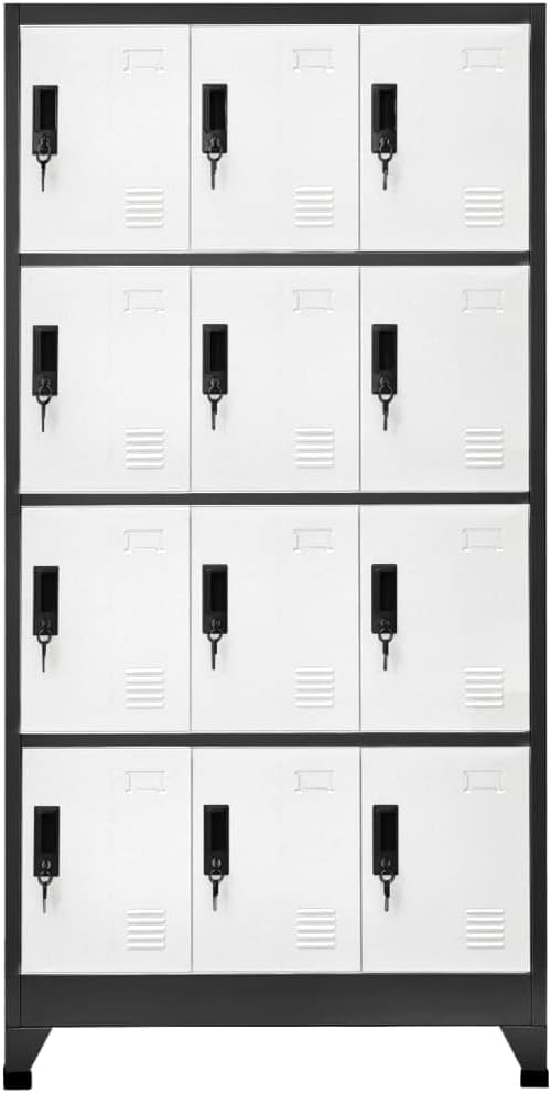 Steel School Locker Cabinet with 12 Individual Lockers, Anthracite Frame and White Doors, Secure Cam Lock System for Office Storage