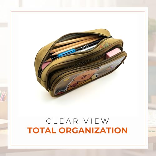 Image of Alokik Enterprise Cute Cartoon Pencil Pouch with Double Zipper & Transparent Window, Large Capacity Fabric Pen Case for School, Office, Students, Kids & Teens (Good Study Khakhi Pouch)