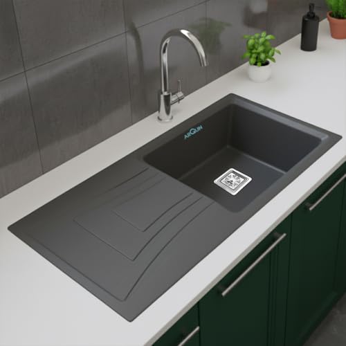Image of ARQUIN Quartz Kitchen Sink with Drainboard 36x18x9 Inch Grey Granite sink for kitchen basin, UV Protected, Undermount | Topmount Noise Reducing