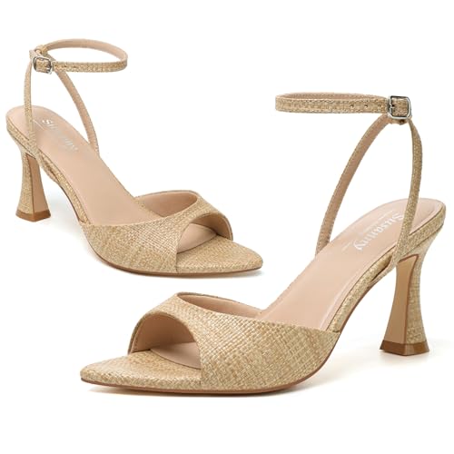 Image of Susanny High Heels for Women Pointed Open Toe Strappy Chunky Block Heels Ankle Strap Stiletto Kitten Heeled Sandals Wedding Bridal Party Prom Sexy Dress Shoes