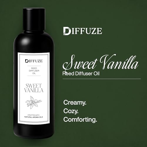 Image of DIFFUZE Sweet Vanilla Essential Oil Reed Diffuser Refill with 10 Fibre Reed Sticks | Warm Aroma Oil & Fragrance Oil | Diffuser Oil for Home Fragrance | Essential Oil Diffuser for Home
