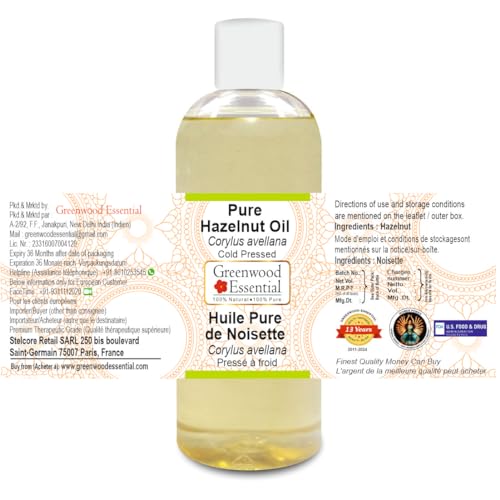 Image of Greenwood Essential Pure Hazelnut Oil (Corylus avellana) | Cold Pressed | Natural | Undiluted | For Diluting Essential Oils | For Skin & Massage | Men & Women | 200ml