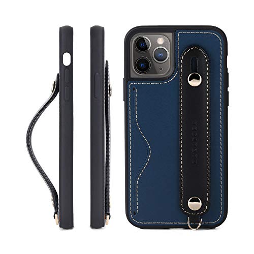 HANATORA IPhone 11Pro グリップケース レザー 本革 ストラップ付属 イタリア製牛革 ヌメ革 片手操作 カード収納 スタンド機能 メンズ レディース ブルー/ブラック CGH-11Pro-Blue-BK