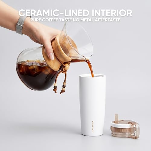 Image of KISSKIND 20 Oz Iced Coffee Tumbler with Hidden Straw, Insulated Stainless Steel Coffee Tumbler, Leakproof Ceramic Lined Travel Cup for Subway Commuting, Slim Tumbler for To-Go, Clean Brew