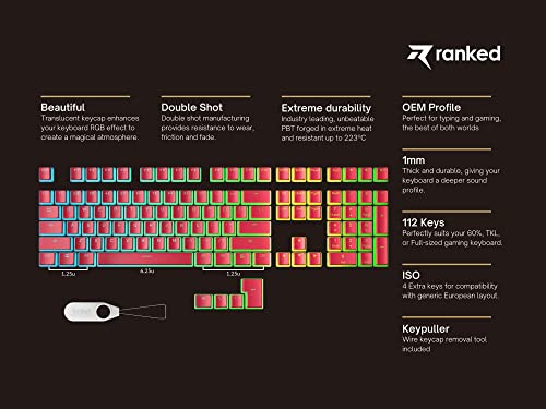Image of Ranked Pudding PBT Keycaps | 112 Double Shot Translucent ANSI US & ISO Layout | OEM Profile for RGB Mechanical Gaming Keyboard (Red)