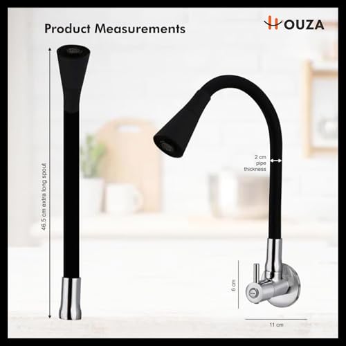 Image of HOUZA Brass Kitchen Sink Tap Faucet with Pull Down Sprayer | Kitchen Tap with 360 Degree Flexible Silicon Swivel Spout | Water Saving Aerated Dual Flow Kitchen Faucet for Sink (Chrome Finish, Black)