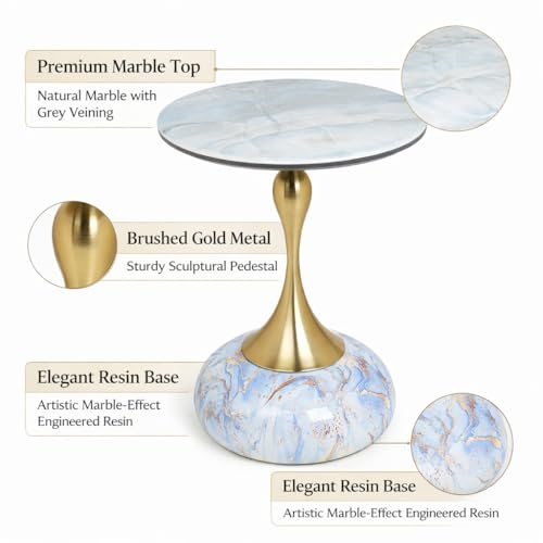 Image of Round Side Table with Marble Top, Brushed Golden Pedestal Base, Metal Base with Marble Effect, Modern Accent Table for Living Room, Bedroom (Blue-ish White)