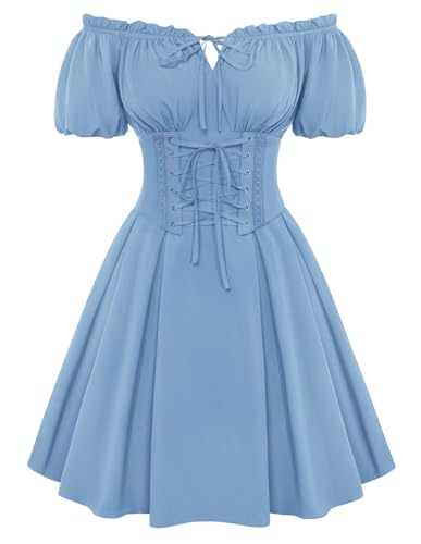 Scarlet Darkness Renaissance Costume Women Corset Dress Mini Off Shoulder Fairy Dresses Light Blue XL