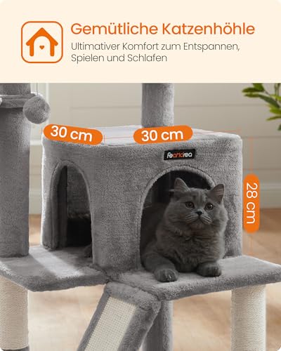 Feandrea Kratzbaum, 96 cm hoch, Katzenbaum mit großer Plattform, Katzenkratzbaum mit Katzenhöhle, Hängematte, Kratzrampe, Plüschball, weicher Plüsch, hellgrau PCT51W