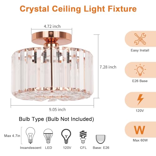 Image of FRIDEKO HOME Crystal Ceiling Light - Small Crystal Chandelier Semi Flush Mount Ceiling Light Fixture Modern Lights for Hallway Bathroom Kitchen Entryway (9.05 Inch, Bulb not Included)