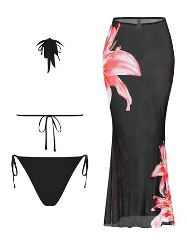 Image of ZAFUL Women's 3 Piece Floral Swimsuit Draped Neck Halter Bikini Tie Side Bathing Suit with Sheer Cover Up Skirt