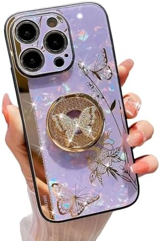 Cute Bling Case for iPhone 16 Pro Max, Glitter Sparkle Luxury Rhinestone 3D Butterfly Stand Elegant Diamond Hard Back Soft TPU Bumper for Girls Women for Apple iPhone 16 Pro Max (Purple) image 4