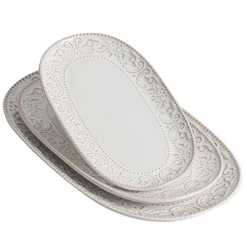 Feenmai Serving Platters Set, 14"/12"/10" Oval Ceramic Serving Plates, Embossed Serving Trays for Party, Oven Dishwasher Safe, Vintage White Serving Dishes for Entertaining, Appetizers, Pasta, Sushi