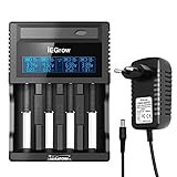iEGrow 18650 Cargador Batería Universal, Litio Cargador Pilas Inteligente, Cargador Pilas AA y AAA con Pantalla LCD para Baterías Recargables Ni-MH, Baterías de Litio 18650 26650 21700 (4 Ranuras)