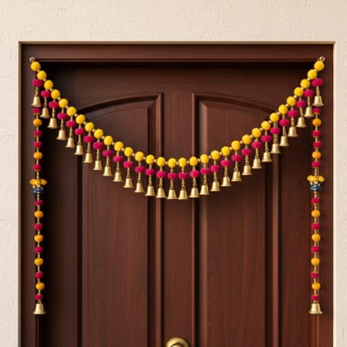 Image of Handmade Multicolor Pom Pom Bandhanwar Set for Main Door with Ganesha Door Hangings | Bright Traditional Toran with Bells for Mandir, Pooja Room, Diwali, Wedding & New Home Decor (39 Inch)