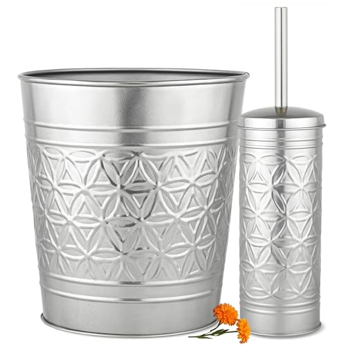 Image of Autumn Alley Brushed Nickel Bathroom Trash Can and Toilet Brush Set - 2-Piece Silver Metal Bathroom Accessories Set, Modern Farmhouse & Transitional Bathroom Decor