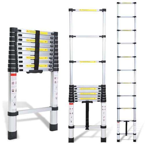 Yakimz Escalera telescópica de aluminio, 3,2 m, portátil, extensible, telescópica, escalera multiuso antideslizante, capacidad de carga de 150 kg, para jardín, interiores y exteriores
