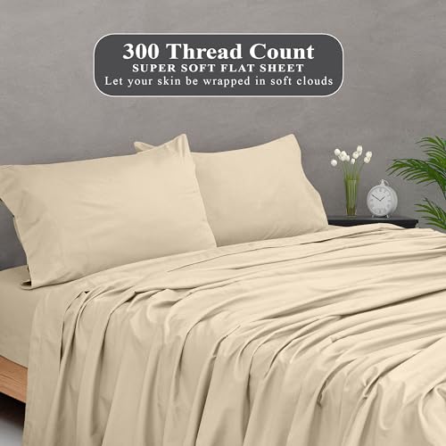 Image of Royale Linens 300 Thread Count 100% Long Staple Combed Cotton Flat Sheet - Super Soft - Top Sheets - Full Flat Sheet Sold Separately - Breathable, Cool & Crisp Percale Sheets Only (Full, Cream)