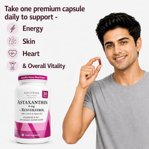 Image of Astaxanthin 4mg + Resveratrol 250mg | For Skin, Eye, Brain, Energy & Immunity | EUROFINS Lab tested | 4-in-1 Antioxidant powered with with COQ10 & Vitamin D3 | Fresh Microalgae Source | 30 Veg Capsules