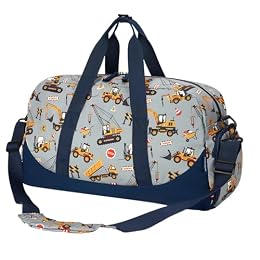 Choco Mocha Kids Duffle Bag, Boys Construction Overnight Travel Bags for Weekender Kid with Shoes Compartment, Large Sleepover Bag for Gym Gray