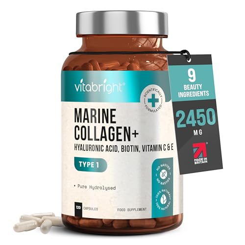 Marine Collagen Supplements for Women 2450mg Complex | 120 Hydrolyzed Marine Collagen Capsules with Hyaluronic Acid | Skin Supplements for Women | High Strength Collegen Peptides Tablets | Vitabright