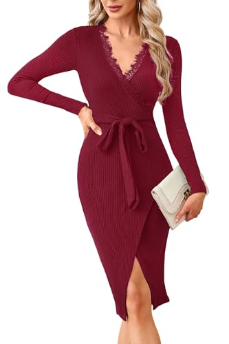 Newshows Strickkleid Damen Winterkleid Elegant V Ausschnitt Langarm Bodycon Winter Wickelkleid Midikleid Rot,L