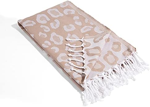 InfuseZen Turkish Towel in Stylish Leopard Print - 100% Turkish Cotton - Hammam Fouta Towel Lightweight Pool, Gym, Travel Towel - Thin & Absorbent Peshtemal Beach Bath Towels – Large 69” x 38” (Beige)