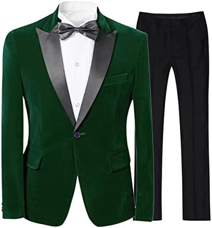 Cloudstyle Mens 2-Piece Suit Peaked Lapel 1 Button Tuxedo Slim Fit Dinner Jacket Pants, Dark Green, Medium
