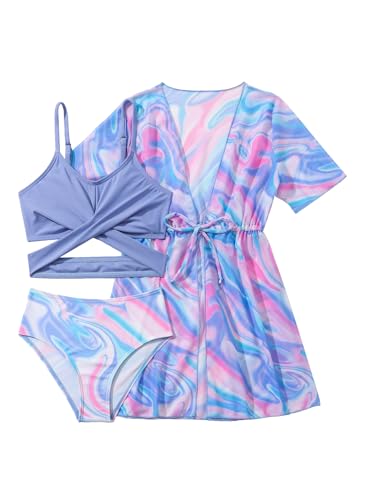 Image of WDIRARA Toddler Girl's 3 Piece Swimsuits Marble Print Criss Cross Bikini Set Bathing Suit with Beach Kimono Cover Up Purple 7Y