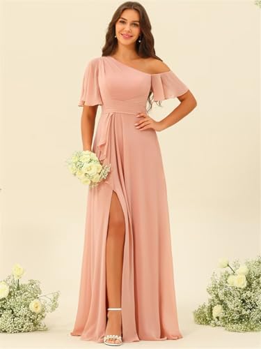 Elegant One Shoulder Bridesmaid Dresses 2025 with Slit Long Pleated Chiffon Formal Party Dresses with Pockets RO2014