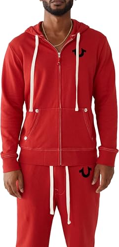 True Religion Men's Buddha Logo Zip Hoodie Sweatshirt, Ruby Red W Black, S